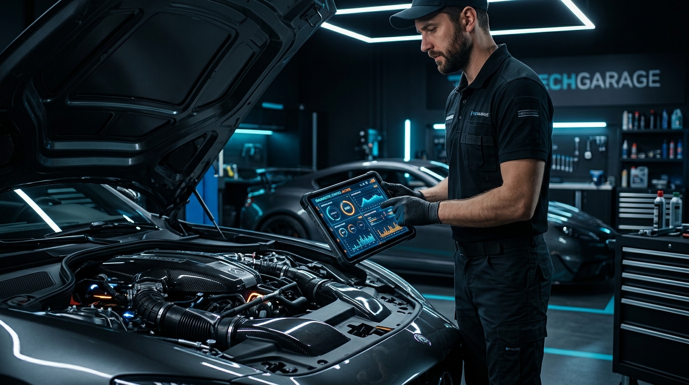 Mécanicien utilisant un outil de diagnostic auto moderne